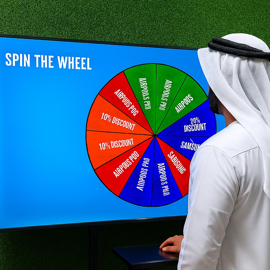 Arab male playing Spin the Wheel game at an exhibition event in Dubai, wearing traditional kandura, fully branded setup with digital screen and prize display, engaging crowd.